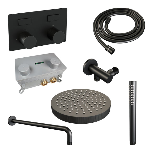 BRAUER Stripe thermostatische inbouw regendouche met drukknoppen SET 26 met 25 cm douchekop en gebogen muurarm en staaf handdouche en doucheslang en wandaansluitbocht mat zwart 5-S-415