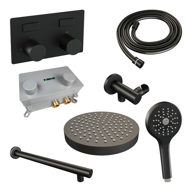 BRAUER Stripe thermostatische inbouw regendouche met drukknoppen SET 28 met 25 cm douchekop en rechte muurarm en 3-standen handdouche en doucheslang en wandaansluitbocht mat zwart 5-S-419