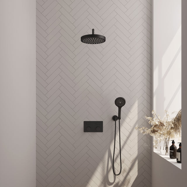 BRAUER Stripe thermostatische inbouw regendouche met drukknoppen SET 29 met 25 cm douchekop en gebogen muurarm en 3-standen handdouche en doucheslang en wandaansluitbocht mat zwart 5-S-421