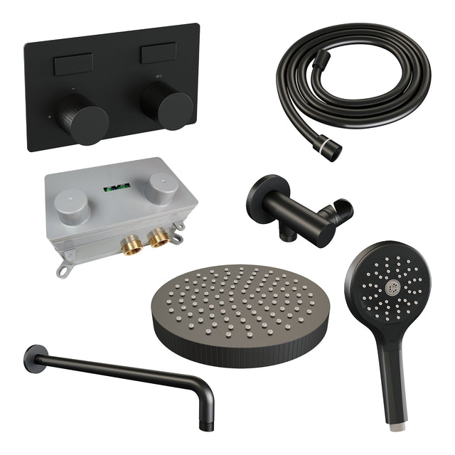 BRAUER Stripe thermostatische inbouw regendouche met drukknoppen SET 29 met 25 cm douchekop en gebogen muurarm en 3-standen handdouche en doucheslang en wandaansluitbocht mat zwart 5-S-421