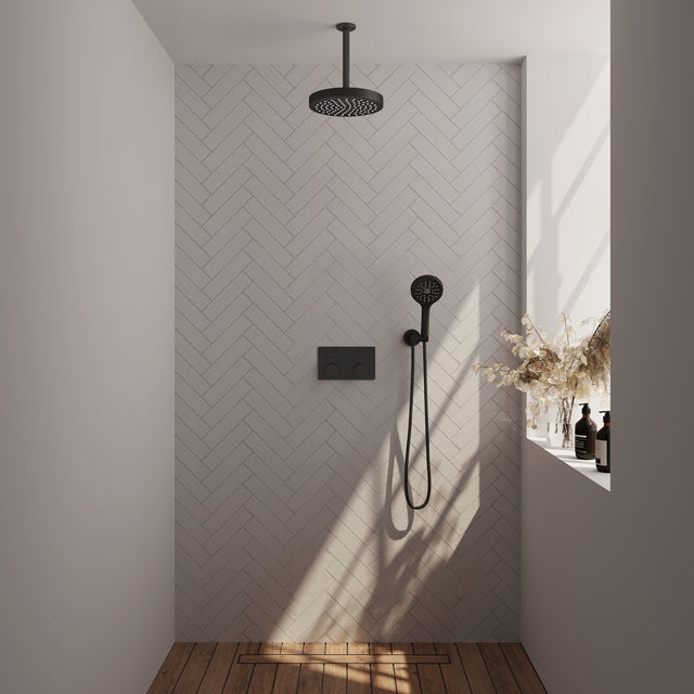 BRAUER Stripe thermostatische inbouw regendouche met drukknoppen SET 30 met 25 cm douchekop en plafondarm en 3-standen handdouche en doucheslang en wandaansluitbocht mat zwart 5-S-423