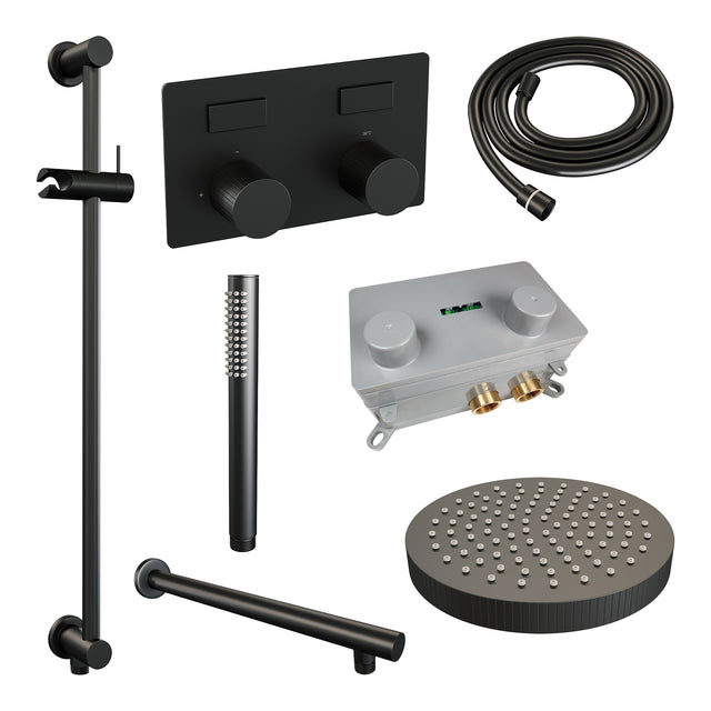 BRAUER Stripe thermostatische inbouw regendouche met drukknoppen SET 31 met 25 cm douchekop en rechte muurarm en staaf handdouche en doucheslang en geïntegreerde glijstang mat zwart 5-S-425