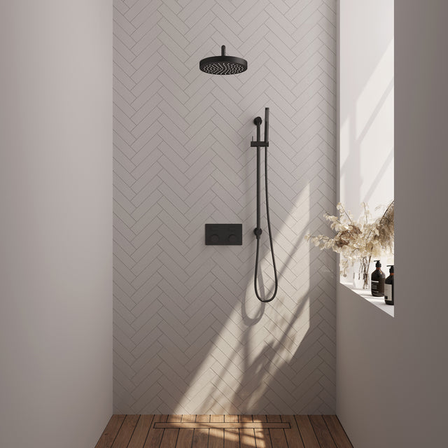 BRAUER Stripe thermostatische inbouw regendouche met drukknoppen SET 32 met 25 cm douchekop en gebogen muurarm en staaf handdouche en doucheslang en geïntegreerde glijstang mat zwart 5-S-427