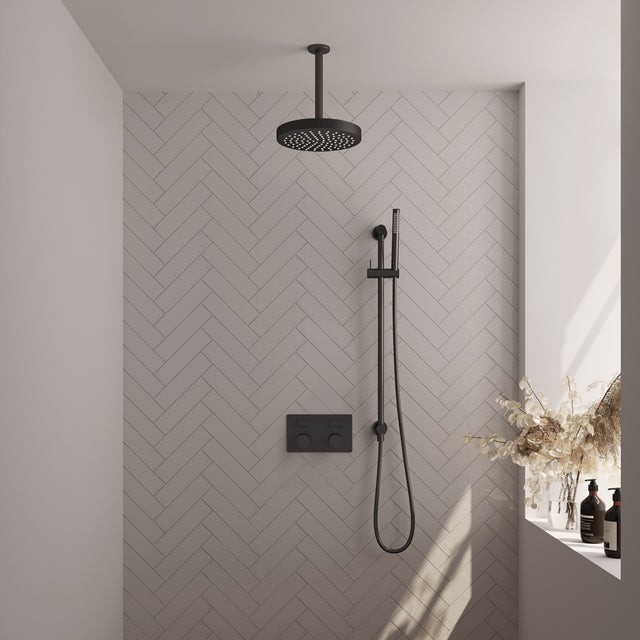 BRAUER Stripe thermostatische inbouw regendouche met drukknoppen SET 33 met 25 cm douchekop en plafondarm en staaf handdouche en doucheslang en geïntegreerde glijstang mat zwart 5-S-429