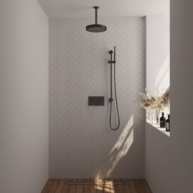 BRAUER Stripe thermostatische inbouw regendouche met drukknoppen SET 33 met 25 cm douchekop en plafondarm en staaf handdouche en doucheslang en geïntegreerde glijstang mat zwart 5-S-429