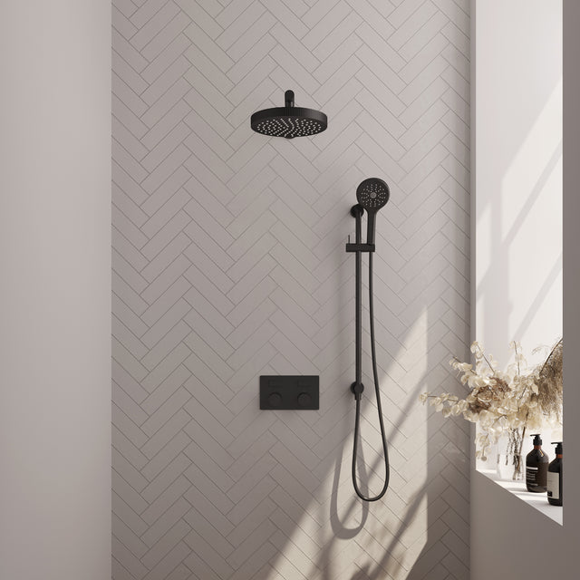 BRAUER Stripe thermostatische inbouw regendouche met drukknoppen SET 34 met 25 cm douchekop en rechte muurarm en 3-standen handdouche en doucheslang en geïntegreerde glijstang mat zwart 5-S-431