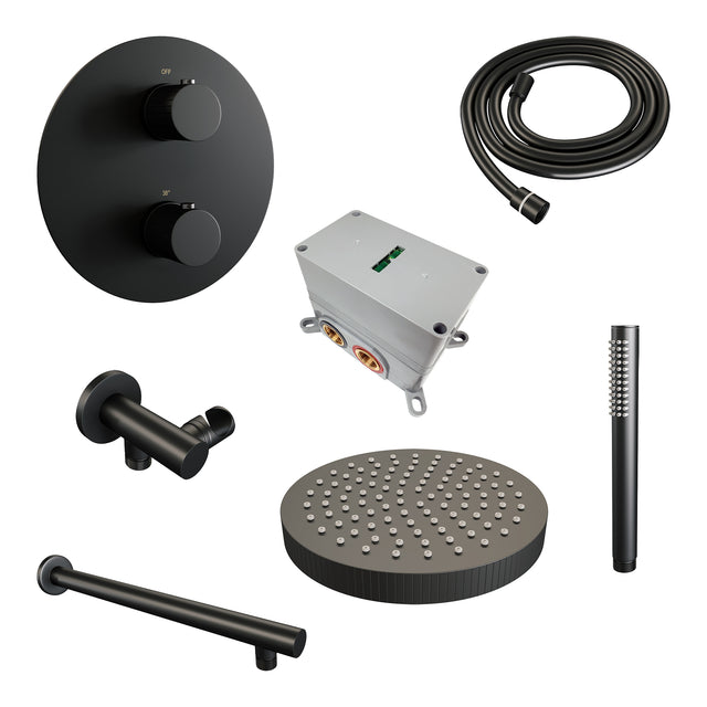 BRAUER Stripe thermostatische inbouw regendouche 3-weg rond SET 37 met 25 cm douchekop en rechte muurarm en staaf handdouche en doucheslang en wandaansluitbocht mat zwart 5-S-437