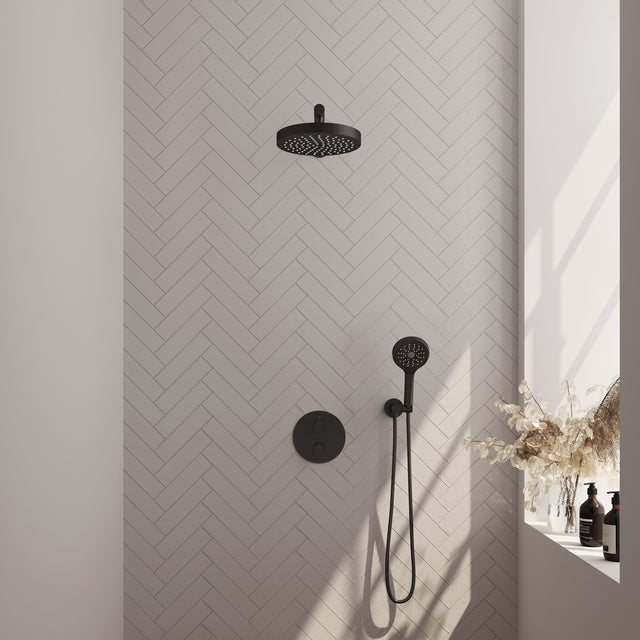 BRAUER Stripe thermostatische inbouw regendouche 3-weg rond SET 40 met 25 cm douchekop en rechte muurarm en 3-standen handdouche en doucheslang en wandaansluitbocht mat zwart 5-S-443