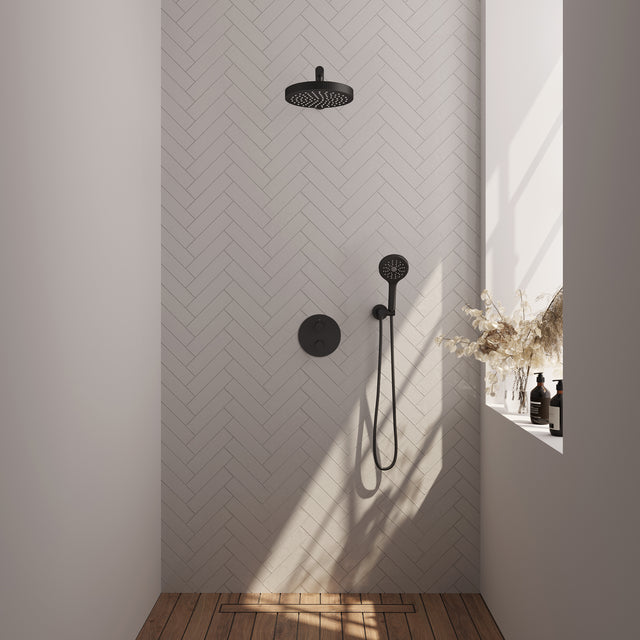 BRAUER Stripe thermostatische inbouw regendouche 3-weg rond SET 40 met 25 cm douchekop en rechte muurarm en 3-standen handdouche en doucheslang en wandaansluitbocht mat zwart 5-S-443