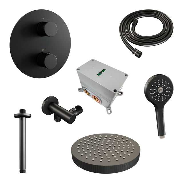 BRAUER Stripe thermostatische inbouw regendouche 3-weg rond SET 42 met 25 cm douchekop en plafondarm en 3-standen handdouche en doucheslang en wandaansluitbocht mat zwart 5-S-447