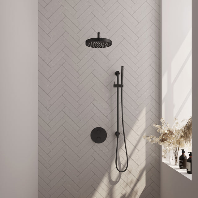 BRAUER Stripe thermostatische inbouw regendouche 3-weg rond SET 44 met 25 cm douchekop en gebogen muurarm en staaf handdouche en doucheslang en geïntegreerde glijstang mat zwart 5-S-451