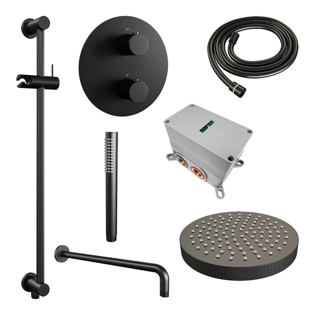 BRAUER Stripe thermostatische inbouw regendouche 3-weg rond SET 44 met 25 cm douchekop en gebogen muurarm en staaf handdouche en doucheslang en geïntegreerde glijstang mat zwart 5-S-451