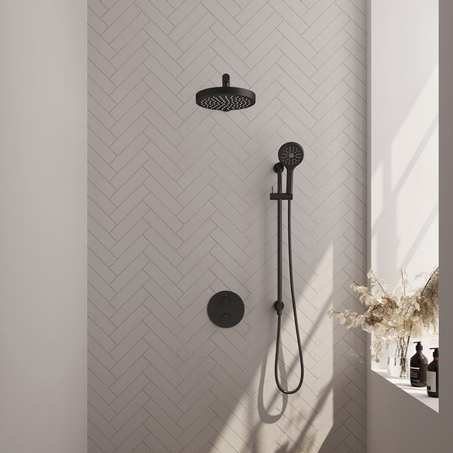 BRAUER Stripe thermostatische inbouw regendouche 3-weg rond SET 46 met 25 cm douchekop en rechte muurarm en 3-standen handdouche en doucheslang en geïntegreerde glijstang mat zwart 5-S-455
