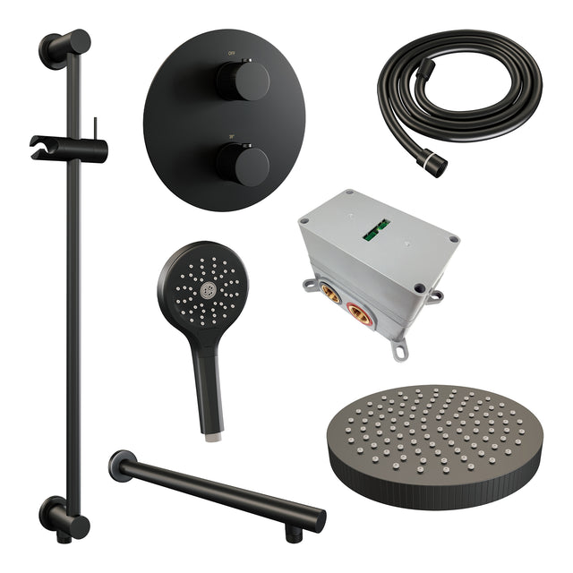 BRAUER Stripe thermostatische inbouw regendouche 3-weg rond SET 46 met 25 cm douchekop en rechte muurarm en 3-standen handdouche en doucheslang en geïntegreerde glijstang mat zwart 5-S-455