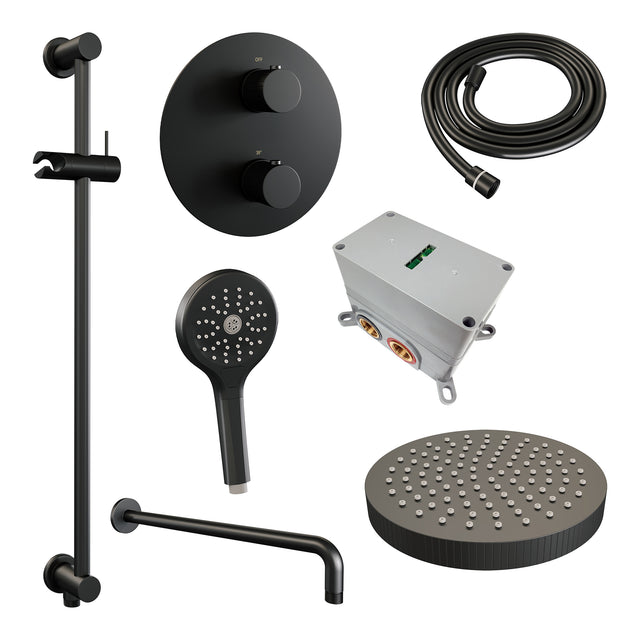 BRAUER Stripe thermostatische inbouw regendouche 3-weg rond SET 47 met 25 cm douchekop en gebogen muurarm en 3-standen handdouche en doucheslang en geïntegreerde glijstang mat zwart 5-S-457