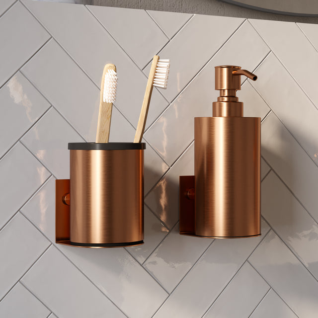 BRAUER Zeepdispenser en beker model A incl. wand ophanging en magnetisch opzetvlak koper geborsteld AE-ZDAGK