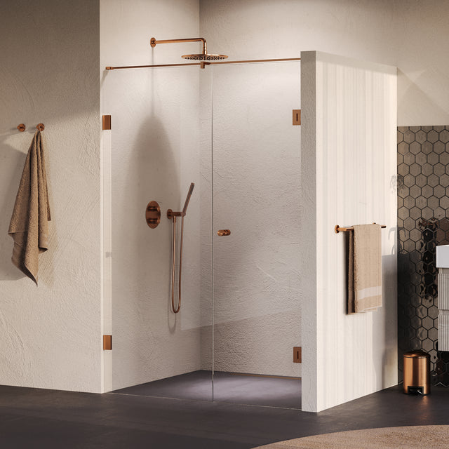 BRAUER Void Carving nisdeur 2-delig helder glas 140x200 omkeerbaar met draaideur 70 aan muur incl. glascoating PVD koper geborsteld GS-VOCN2H7070200GK