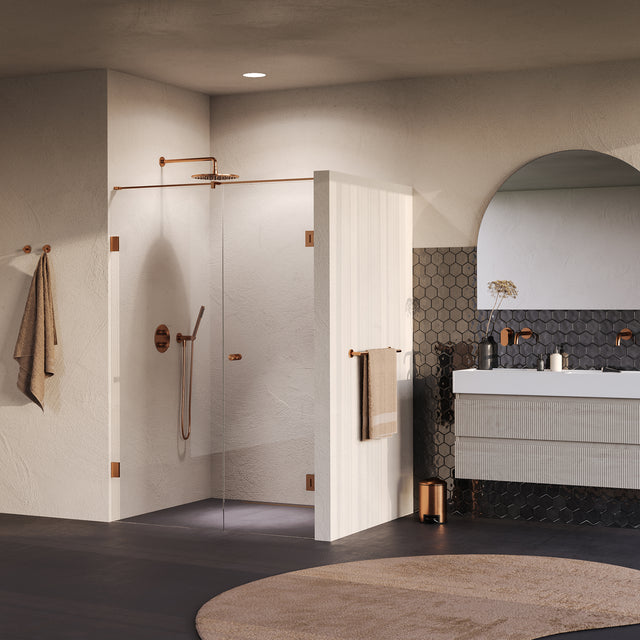 BRAUER Void Carving nisdeur 2-delig helder glas 140x200 omkeerbaar met draaideur 70 aan muur incl. glascoating PVD koper geborsteld GS-VOCN2H7070200GK