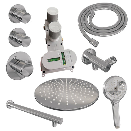 BRAUER Chrome Edition thermostatische inbouw regendouche SET 08 met 30 cm douchekop en rechte muurarm en 3-standen handdouche en doucheslang en wandaansluitbocht chroom