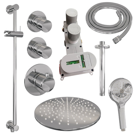 BRAUER Chrome Edition thermostatische inbouw regendouche SET 24 met 30 cm douchekop en plafondarm en 3-standen handdouche en doucheslang en geïntegreerde glijstang chroom