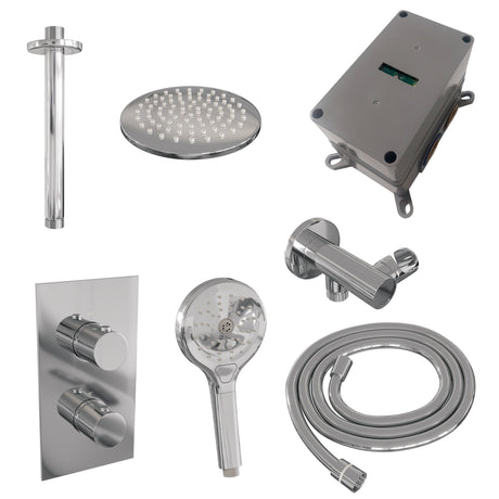 BRAUER Chrome Edition thermostatische inbouw regendouche 3-weg omstelling SET 35 met 20 cm douchekop en plafondarm en 3-standen handdouche en doucheslang en wandaansluitbocht chroom