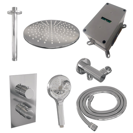 BRAUER Chrome Edition thermostatische inbouw regendouche 3-weg omstelling SET 36 met 30 cm douchekop en plafondarm en 3-standen handdouche en doucheslang en wandaansluitbocht chroom