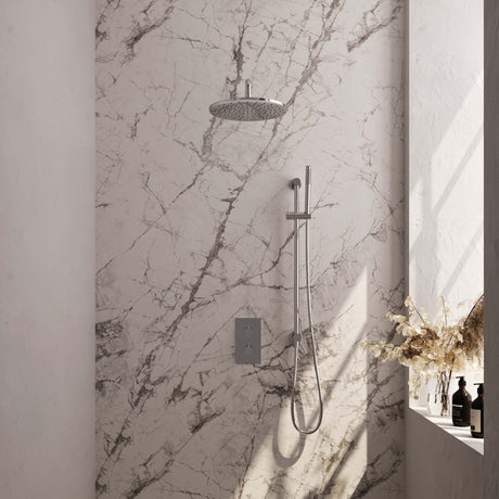 BRAUER Chrome Edition thermostatische inbouw regendouche 3-weg omstelling SET 40 met 30 cm douchekop en gebogen muurarm en staaf handdouche en doucheslang en geïntegreerde glijstang chroom