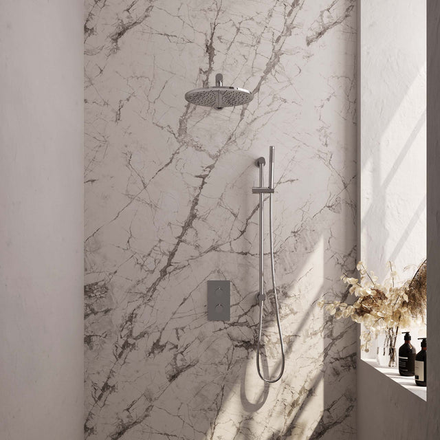 BRAUER Chrome Edition thermostatische inbouw regendouche 3-weg omstelling SET 38 met 30 cm douchekop en rechte muurarm en staaf handdouche en doucheslang en geïntegreerde glijstang chroom