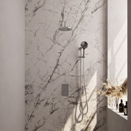 BRAUER Chrome Edition thermostatische inbouw regendouche 3-weg omstelling SET 45 met 20 cm douchekop en gebogen muurarm en 3-standen handdouche en doucheslang en geïntegreerde glijstang chroom