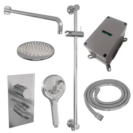 BRAUER Chrome Edition thermostatische inbouw regendouche 3-weg omstelling SET 45 met 20 cm douchekop en gebogen muurarm en 3-standen handdouche en doucheslang en geïntegreerde glijstang chroom