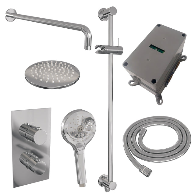 BRAUER Chrome Edition thermostatische inbouw regendouche 3-weg omstelling SET 45 met 20 cm douchekop en gebogen muurarm en 3-standen handdouche en doucheslang en geïntegreerde glijstang chroom