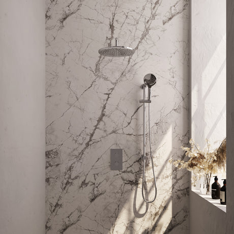 BRAUER Chrome Edition thermostatische inbouw regendouche 3-weg omstelling SET 46 met 30 cm douchekop en gebogen muurarm en 3-standen handdouche en doucheslang en geïntegreerde glijstang chroom