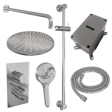 BRAUER Chrome Edition thermostatische inbouw regendouche 3-weg omstelling SET 46 met 30 cm douchekop en gebogen muurarm en 3-standen handdouche en doucheslang en geïntegreerde glijstang chroom
