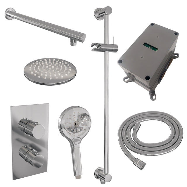 BRAUER Chrome Edition thermostatische inbouw regendouche 3-weg omstelling SET 43 met 20 cm douchekop en rechte muurarm en 3-standen handdouche en doucheslang en geïntegreerde glijstang chroom