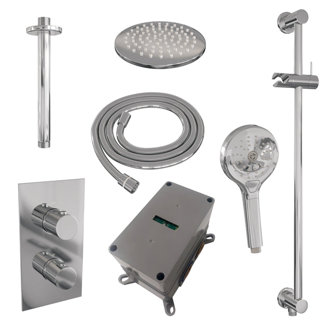 BRAUER Chrome Edition thermostatische inbouw regendouche 3-weg omstelling SET 47 met 20 cm douchekop en plafondarm en 3-standen handdouche en doucheslang en geïntegreerde glijstang chroom
