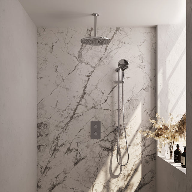 BRAUER Chrome Edition thermostatische inbouw regendouche 3-weg omstelling SET 48 met 30 cm douchekop en plafondarm en 3-standen handdouche en doucheslang en geïntegreerde glijstang chroom