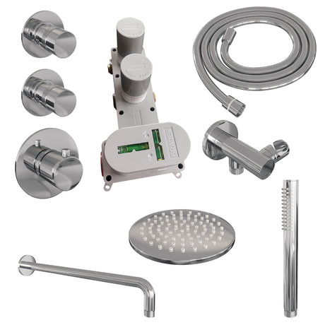 BRAUER Chrome Edition thermostatische inbouw regendouche SET 03 met 20 cm douchekop en gebogen muurarm en staaf handdouche en doucheslang en wandaansluitbocht chroom