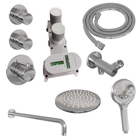 BRAUER Chrome Edition thermostatische inbouw regendouche SET 09 met 20 cm douchekop en gebogen muurarm en 3-standen handdouche en doucheslang en wandaansluitbocht chroom