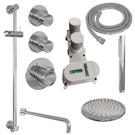BRAUER Chrome Edition thermostatische inbouw regendouche SET 15 met 20 cm douchekop en gebogen muurarm en staaf handdouche en doucheslang en geïntegreerde glijstang chroom