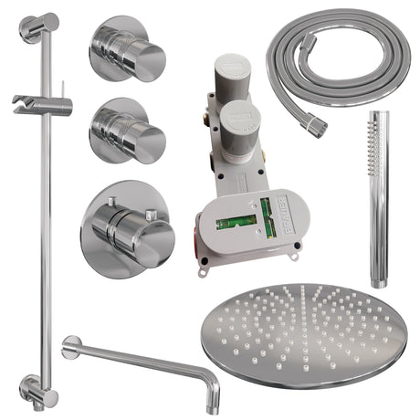BRAUER Chrome Edition thermostatische inbouw regendouche SET 16 met 30 cm douchekop en gebogen muurarm en staaf handdouche en doucheslang en geïntegreerde glijstang chroom
