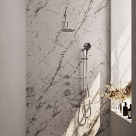 BRAUER Chrome Edition thermostatische inbouw regendouche SET 21 met 20 cm douchekop en gebogen muurarm en 3-standen handdouche en doucheslang en geïntegreerde glijstang chroom