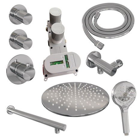 BRAUER Chrome Carving thermostatische inbouw regendouche SET 08 met 30 cm douchekop en rechte muurarm en 3-standen handdouche en doucheslang en wandaansluitbocht chroom