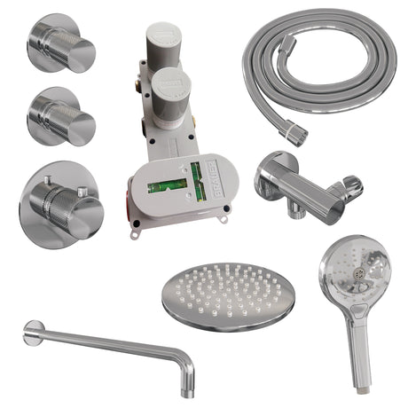 BRAUER Chrome Carving thermostatische inbouw regendouche SET 09 met 20 cm douchekop en gebogen muurarm en 3-standen handdouche en doucheslang en wandaansluitbocht chroom
