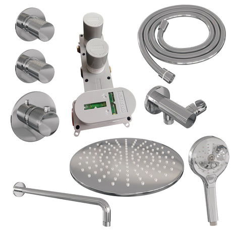 BRAUER Chrome Carving thermostatische inbouw regendouche SET 10 met 30 cm douchekop en gebogen muurarm en 3-standen handdouche en doucheslang en wandaansluitbocht chroom