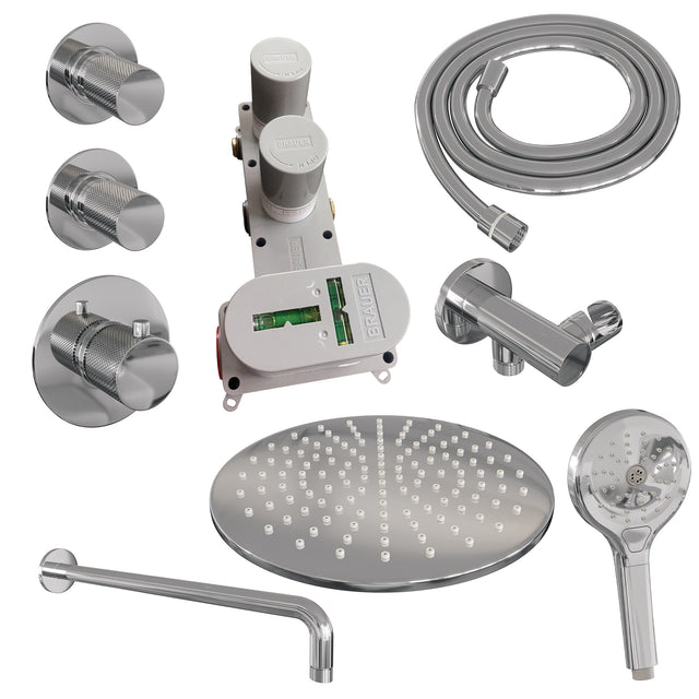 BRAUER Chrome Carving thermostatische inbouw regendouche SET 10 met 30 cm douchekop en gebogen muurarm en 3-standen handdouche en doucheslang en wandaansluitbocht chroom