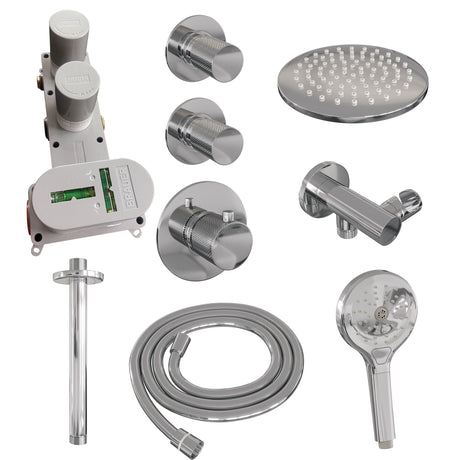 BRAUER Chrome Carving thermostatische inbouw regendouche SET 11 met 20 cm douchekop en plafondarm en 3-standen handdouche en doucheslang en wandaansluitbocht chroom