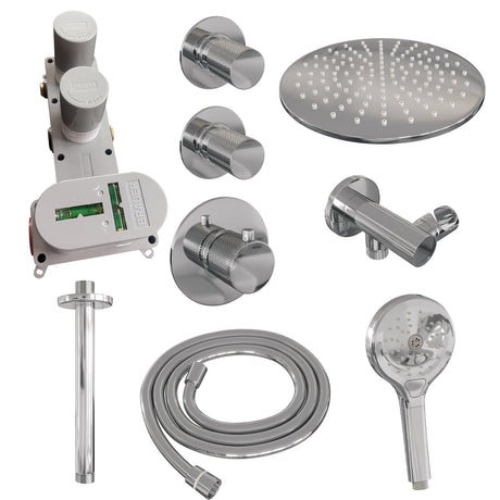BRAUER Chrome Carving thermostatische inbouw regendouche SET 12 met 30 cm douchekop en plafondarm en 3-standen handdouche en doucheslang en wandaansluitbocht chroom