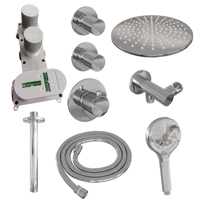 BRAUER Chrome Carving thermostatische inbouw regendouche SET 12 met 30 cm douchekop en plafondarm en 3-standen handdouche en doucheslang en wandaansluitbocht chroom