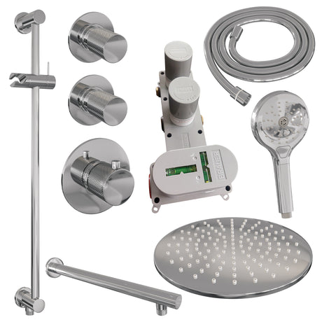 BRAUER Chrome Carving thermostatische inbouw regendouche SET 20 met 30 cm douchekop en rechte muurarm en 3-standen handdouche en doucheslang en geïntegreerde glijstang chroom