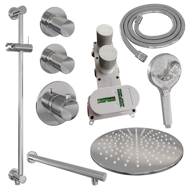 BRAUER Chrome Carving thermostatische inbouw regendouche SET 20 met 30 cm douchekop en rechte muurarm en 3-standen handdouche en doucheslang en geïntegreerde glijstang chroom